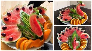 Art In Watermelon Fruit Platter  Watermelon Swan Decoration Ideas Cutting Tricks [upl. by Kcireddor]