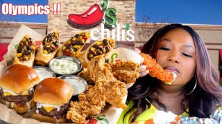 CHILIS TRIPLE DIPPER MUKBANG  EGGROLLS  NASHVILLE CRISPERS  BURGER BITES [upl. by Ahseim306]