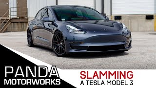 SLAMMING a Tesla Model 3 Performance  Pedders Coilover Install [upl. by Aihsotan]