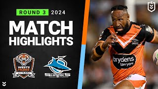 NRL 2024  Wests Tigers v Sharks  Match Highlights [upl. by Annodas962]