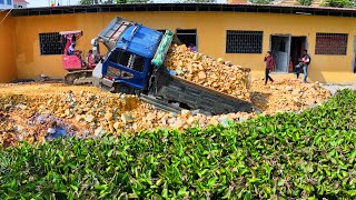 Start New Project Dump Truck Back Unloading Fail Overturned In the Pond Recovery by Excavator Dozer [upl. by Fenner812]