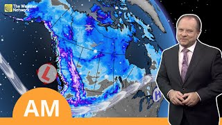 Canadas National Forecast Relentless Coastal Rain Risk of Snow on the Prairies  WeatherAM [upl. by Starks]