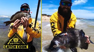 Awesome day fishing in the surf with Franna amp Duncs  Musselcracker amp Bronze Bream [upl. by Otrevire]