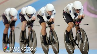 US womens pursuit team sets a national record en route to gold medal race  Paris Olympics [upl. by Amsaj644]