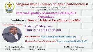 National Webinar on ‘How to Achieve Excellence in NIRF’  Sangameshwar college Autonomous [upl. by Jeraldine]