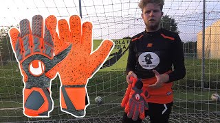 UHLSPORT AERORED SUPERGRIP HN  goalkeeperglove test amp review  SHERLOCK GLOVES [upl. by Delastre]