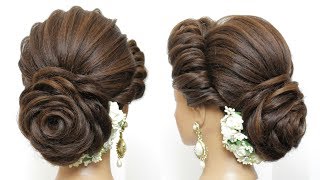 New Bridal Hairstyle With Flower Bun For Long Hair Wedding Updo [upl. by Onairpic]