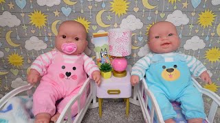 Newborn Twin baby dolls Daycare Morning Routine feeding and changing [upl. by Dewees]