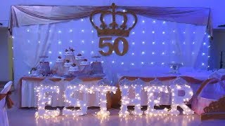 ✔DECORACIÓN DE 50 AÑOS COLOR PERLA CON DORADO Y LUCES [upl. by Adikam]