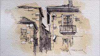 Pen and Ink Sketching on Painted Paper Adding White Highlghts Peter Sheeler [upl. by Aihsemot]