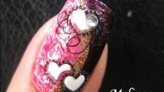 Valentines Day Nails  Love Heart Pink Purple Gold nail art sticker Design Tutorial for Short Nails [upl. by Aicileb]