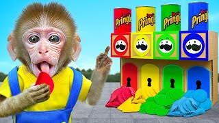 KiKi Monkey play Colorful Pringles Potato Chips Machine amp Ball Pit Pool Water SlideKUDO ANIMAL KIKI [upl. by Keene]