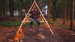 Building a Bushcraft and Survival Shelter with Hand Tools  Raised Bed  Bark Roof  Dog [upl. by Anerehs]