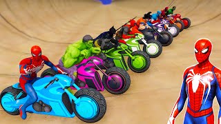 Spiderman Race Motorcycles with Superheroes Waterslide Ramp Jump Competition Challenge  GTA 5 [upl. by Wales]