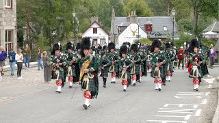 Drum Major Dean leads Huntly Pipe Band on the march to the 2023 Braemar Gathering in Scotland [upl. by Wehttam]