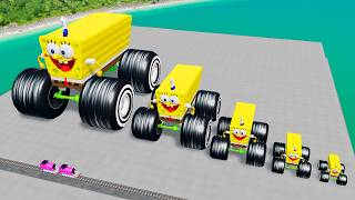 Big amp Small Long Spongebob With Monster Truck Wheel vs Thomas Train  BeamngDrive [upl. by Ellehsyt]