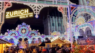 Zurich main station walk Christmas Market Bahnhofstrasse Illuminarium 4K 60 fps December 2022 [upl. by Aramoy]