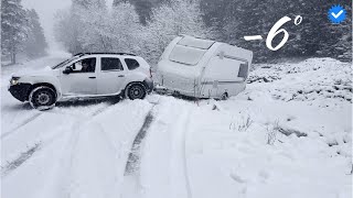 Snow camping at 6 degrees  Our caravan fell into the canal  Driverless car crashed into us [upl. by Tnayrb]