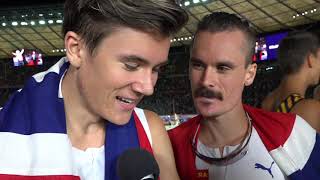 Jakob and Henrik Ingebrigtsen NOR after winning gold and silver in the 5000m [upl. by Inalem]