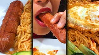 SPICY NOODLES WITH SMOKED CHICKEN SAUSAGE EGG  BOK CHOY VEGETABALE EATING spicynoodles asmr [upl. by Debarath]