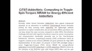 CiTST AdderNets Computing in Toggle Spin Torques MRAM for Energy Efficient AdderNets [upl. by Hess]