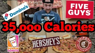 35000 CALORIE CHALLENGE Man v Food  dunkin five guys chipotle Hersheys dominos [upl. by Sacks]