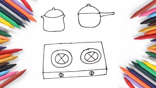 Gas Stove and Cooker Drawing  Gas stove Drawing Cooking Pots Drawing  Colouring for Kids [upl. by Franci]