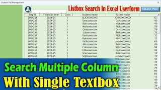 Excel Listbox  Multi Column Search in Excel Userform  School Fee Management [upl. by Gonzalez]