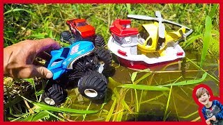 MONSTER TRUCKS RESCUED BY GREEN TOYS HELICOPTER BOAT [upl. by Nnylyma]