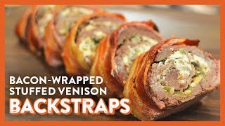 Bacon Wrapped Stuffed Venison Backstrap  Legendary Recipe [upl. by Folsom765]