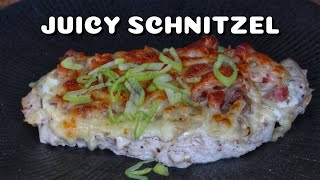 GRILLED ALSATIAN SCHNITZEL  JUICY SCHNITZEL with CHEESE ONIONS and BACON 0815BBQ  International [upl. by Mickie]