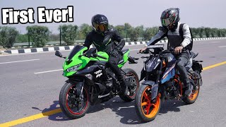 Ninja ZX25R VS 2024 Duke 390  First Time on Youtube [upl. by Serrell296]