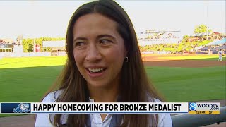 Olympic medal winner Alena Olsen pitches at Whitecaps game [upl. by Notsag716]