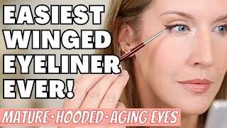 Quick Easy Winged Eyeliner Tutorial for Hooded Aging Downturned Eyes [upl. by Guod]