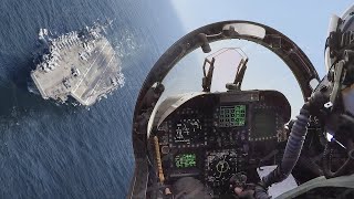 Skilled US F18 Pilot Negotiates Crazy Landing Approach on Aircraft Carrier [upl. by Cirilla]