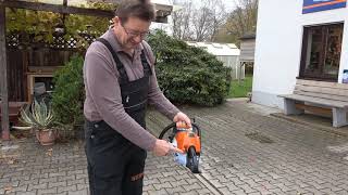 Stihl Motorsäge MS 211CBE mit ErgoStart Leichtstart und Kettenschnellspannung ausführlich erklärt [upl. by Haily]