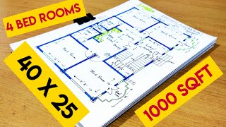 40 x 25 house plan with 4 bed rooms II 1000 sqft ghar ka naksha II 4 bhk house plan design [upl. by Airtap]