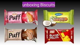 unboxing Biscuits Makkhan Ka Tadka BUTTER DELITE  PRIYAGOLD Puff strawberry Coconut Crunchies [upl. by Jerrilee]