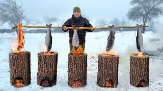 Caught And Cooked Trout Inside Logs Life In The Distant Snowy Mountains [upl. by Nodroj]