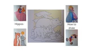 How to draw a Hippos 2 in color DIY Teach children to draw For kids and parents [upl. by Sillaw]