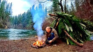 SOLO BUSHCRAFT FISHING HUT BUILD Catching Salmon amp Trout [upl. by Ailemaj]