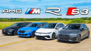 New Audi S3 v BMW M135i v AMG A35 v VW Golf R DRAG RACE [upl. by Urd425]