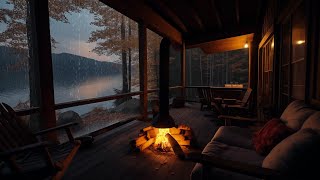 Calm Rain amp Fireplace on a Forest Cabin Porch  Peaceful Nature Escape for Relaxation [upl. by Olen]