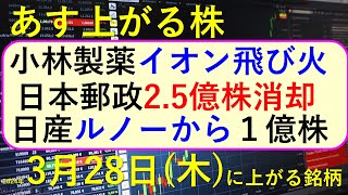 あす上がる株 2024年３月２８日（木）に上がる銘柄 ～最新の日本株での株式投資。初心者でも。小林製薬が紅麹で自主回収から死亡者・入院者。死者発生と株価の推移。日本郵政と日産の償却。あす権利落ち日～ [upl. by Rogerson]