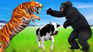 Giant Gorilla Fight Tiger Attack Cow Cartoon Saved By Elephant Mammoth Animal Fights [upl. by Aihtniroc848]