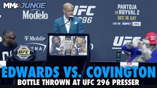 Leon Edwards Throws Bottle at Colby Covington After Harsh Comment About Dead Father  UFC 296 [upl. by Hattie77]