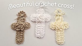 Cruz tejida en CROCHET ✨️  Hermosos y elegantes recuerdos para ceremonias  Artículos religiosos 🙏🏻 [upl. by Yentruoc]