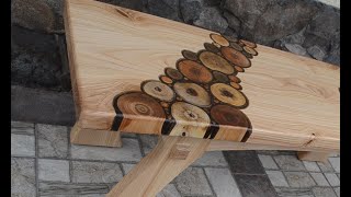 Ash wood bench with fruit trees branches inlay [upl. by Egdamlat]