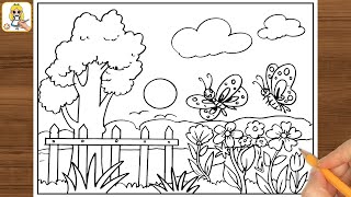 How to Draw Flower Garden Step by Step  Spring Season Flower Garden Drawing  Garden Scenery [upl. by Tiffany817]