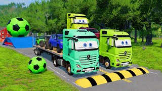 Double Flatbed Trailer Truck vs Speedbumps Train vs Cars  Tractor vs Train BeamngDrive [upl. by Doelling138]